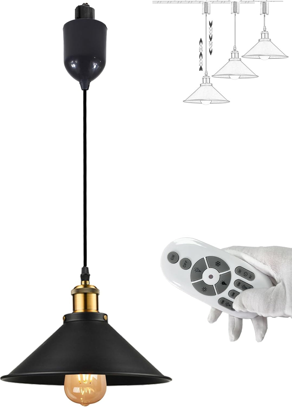 Dimmable H-Track Mount Pendant Light Adjustable Height Industrial Style Black Metal Instant on Auto Retract Track Mount Pendant Light Decorate for Kitchen Island Customizable (No bulbs & Track System)
