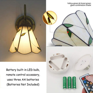 Tiffany-style wireless wall sconce, featuring dimmable LED and a vintage glass shade design, battery operated.