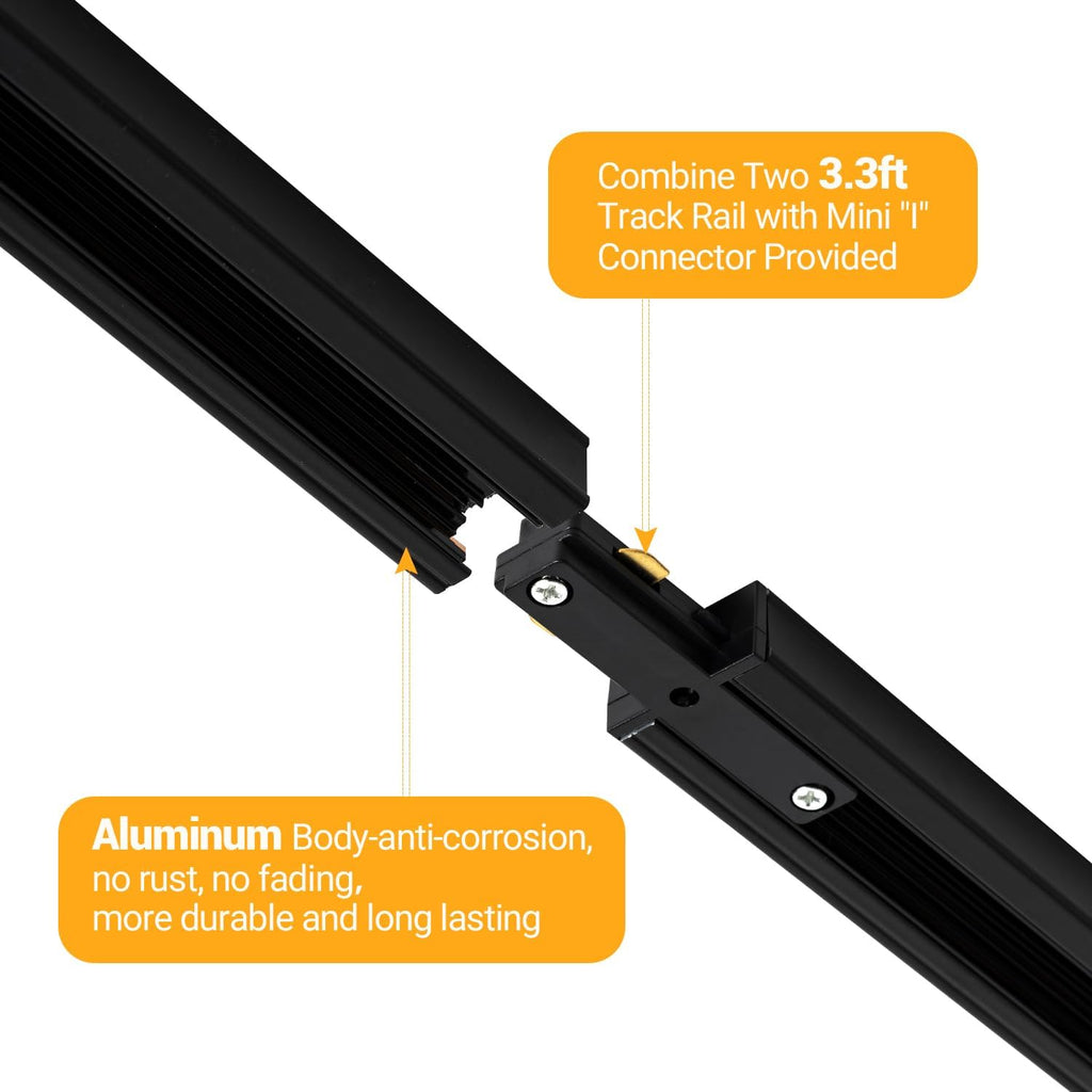 Ring-shaped 2pcs H track lighting kit, black in color, equipped with end caps and a live end feed connector. Compatible with single-circuit 120V H-style systems, suitable for LED lighting heads Excludes lighting fixtures