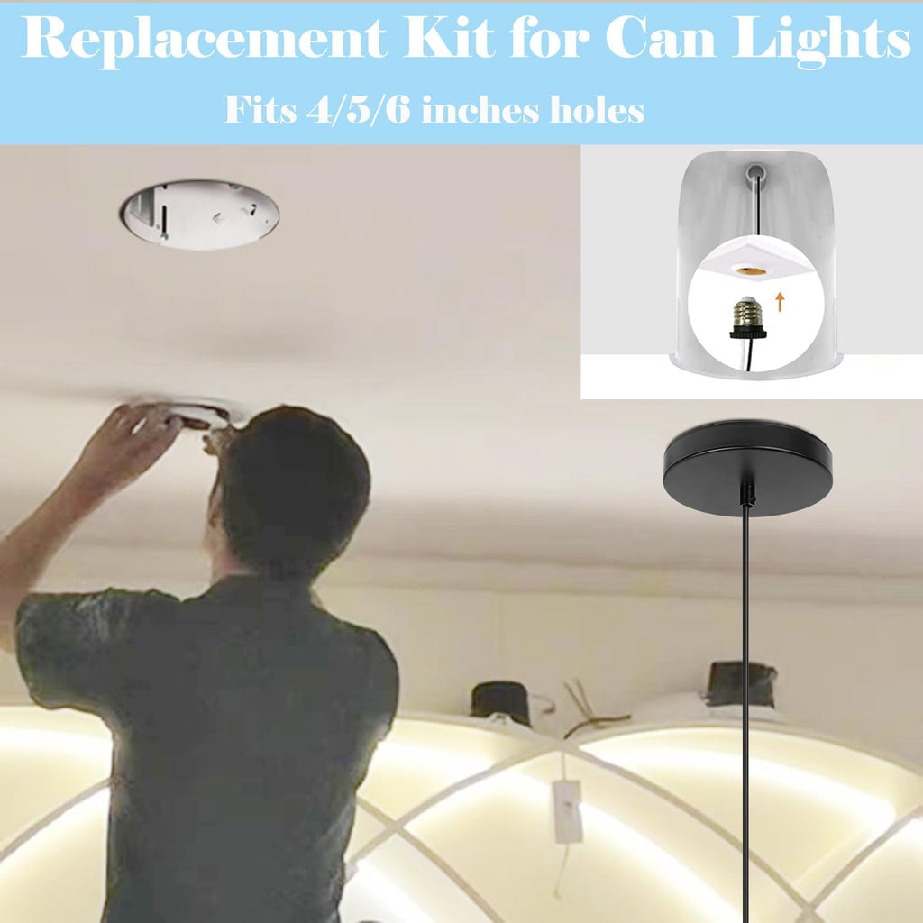 Kiven Instant Light Conversion Kit for 4/5/6inch Hole,Glass Farmhouse Lighting Recessed Can Light Conversion Kit to Pendant with E26 Screw-in Adapter for Kitchen Island Hallway Black TB0213