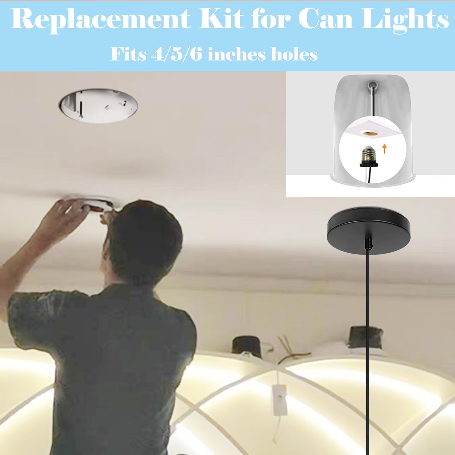 Kiven Instant Light Conversion Kit for 4/5/6inch Hole,Glass Farmhouse Lighting Recessed Can Light Conversion Kit to Pendant with E26 Screw-in Adapter for Kitchen Island Hallway Black TB0213