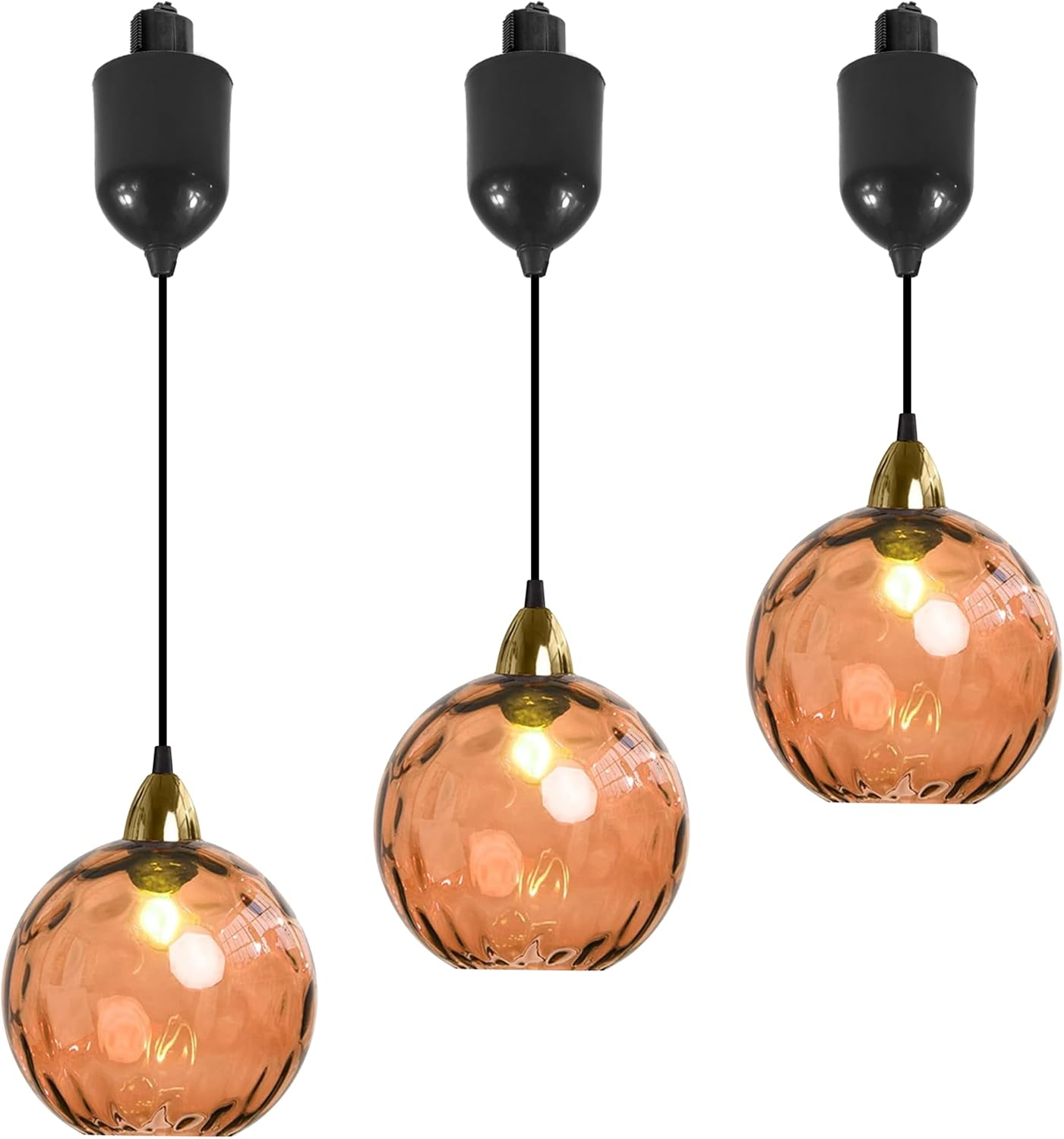 Adjustable Height Juno Track Lighting Pendants, 4 ft Cord, J-Type Dimmable Vintage Metal E26 Socket Chandeliers Orange Hammered Glass Globe for Bar 3 Lights Kitchen Ceiling