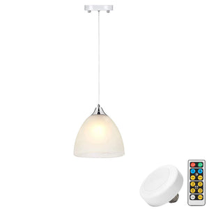 Battery-operated pendant light with remote control, dimmable features, and adjustable cable for easy install.