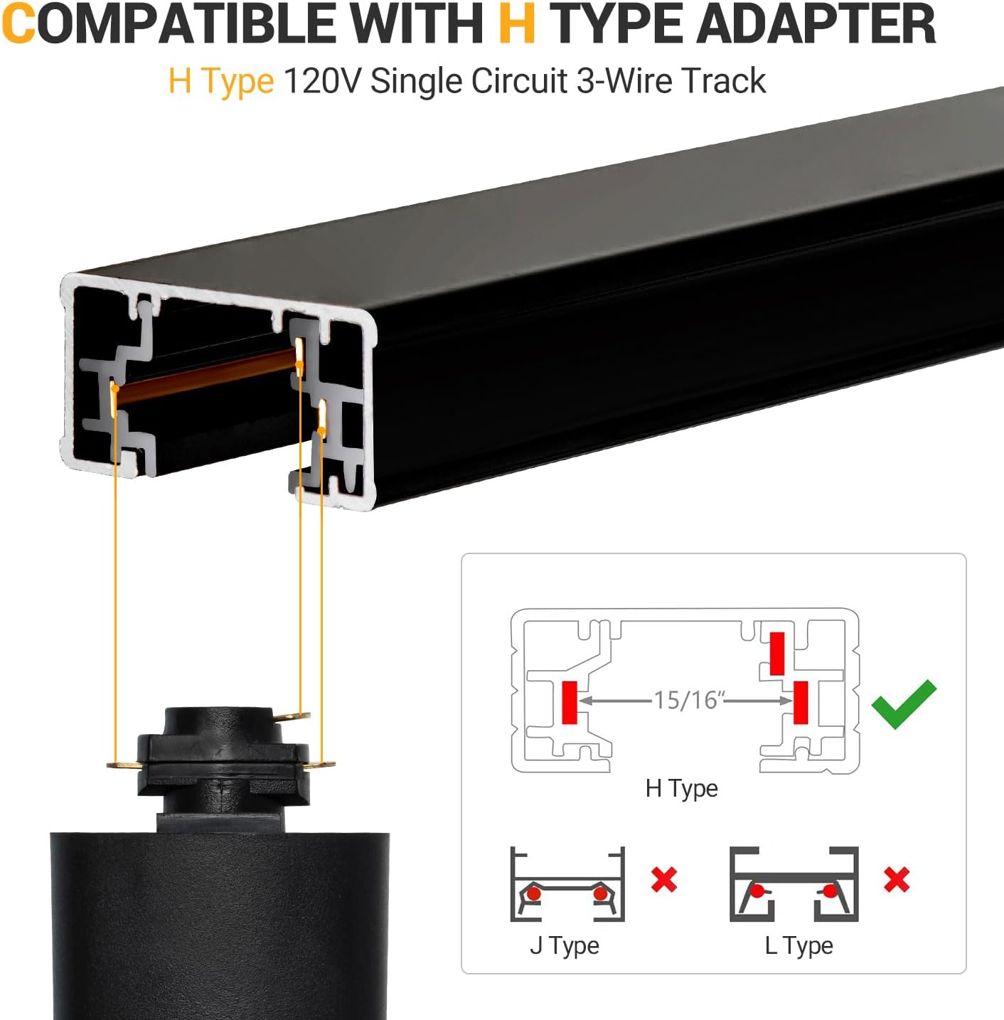 Ring-shaped 2pcs H track lighting kit, black in color, equipped with end caps and a live end feed connector. Compatible with single-circuit 120V H-style systems, suitable for LED lighting heads Excludes lighting fixtures