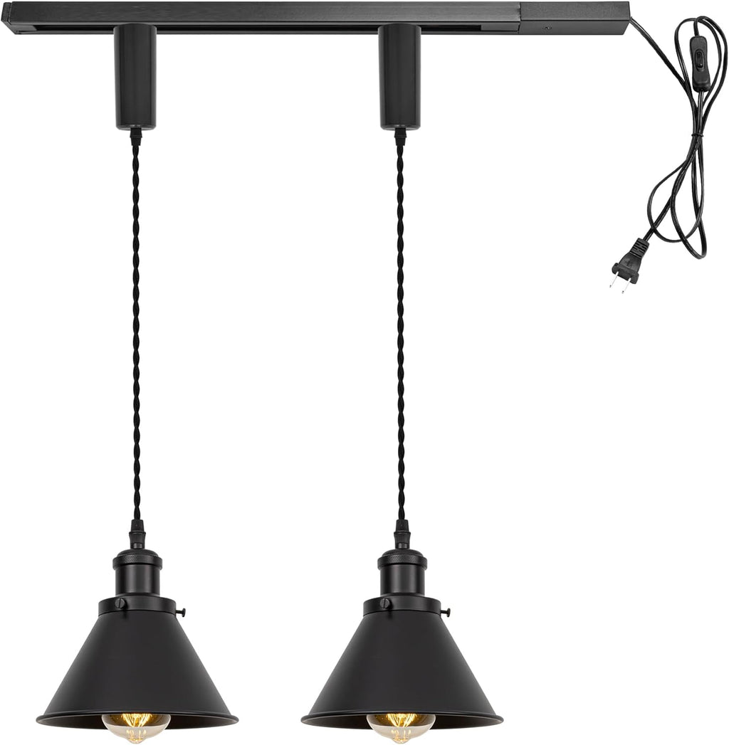 Pack of 3 Adjusted Wire Length H-Type Track Pendant Light 3.9 Ft Twisted Cord E26 Base Industrial Design Black Metal Pendant Light Fixture for Loft Aisle Bar(No Bulb & Track Lighting Rails)