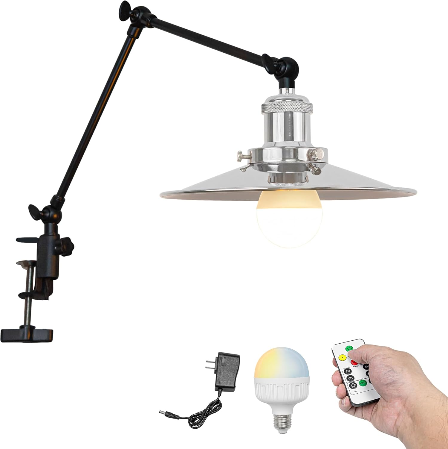 Kiven Battery Operated Clip-on Desk Lamp, 1-Light Dimmable Nightstand Lamp with Flexible Arm,Remote Control, Farmhouse Decorative Clamp Lamp for Home Decor Bookshelf Bedside,Yellow Finish
