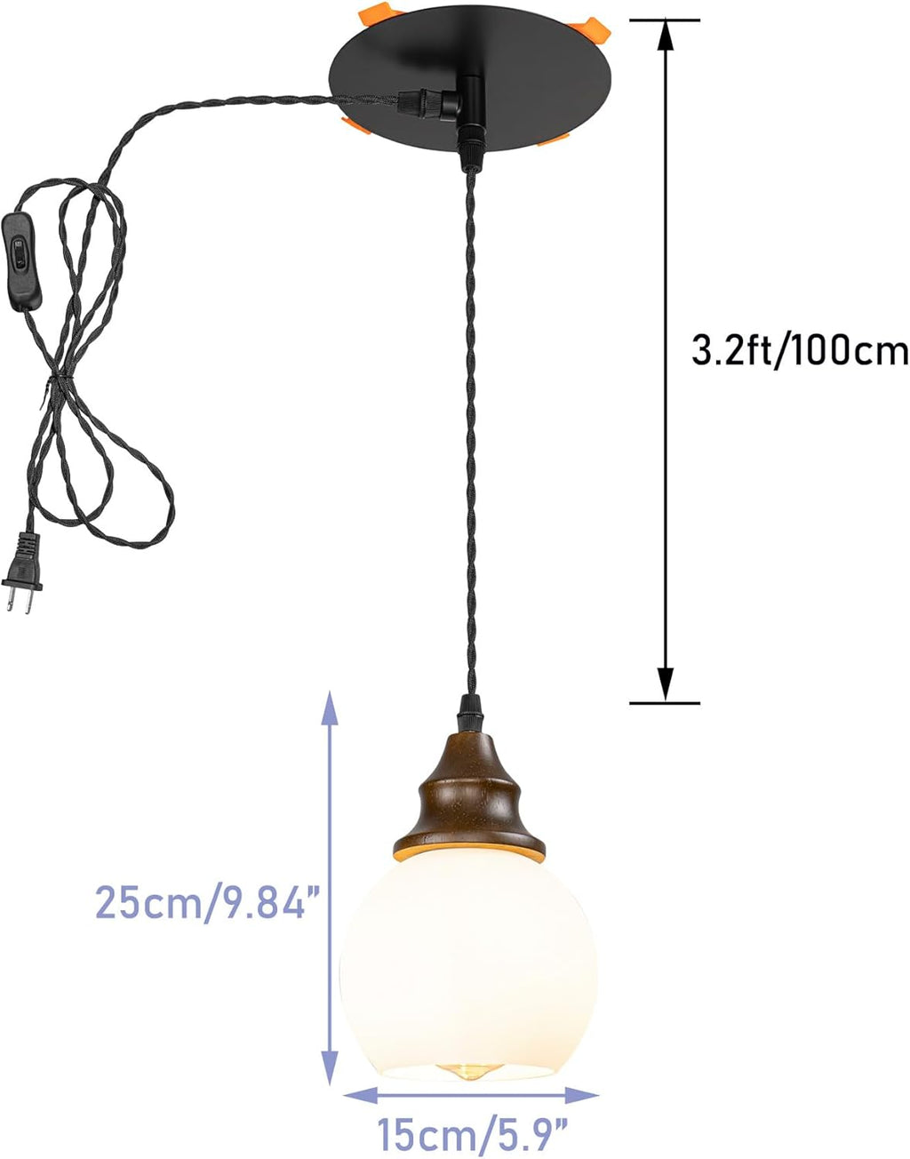 9.8Ft Plug-in Cord Instant Pendant Walnut Base White Glass Ball Shade Vintage Design Hanging Lamp 3"-4" Recessed Light Replacement Downlight for Kitchen(No Bulb)