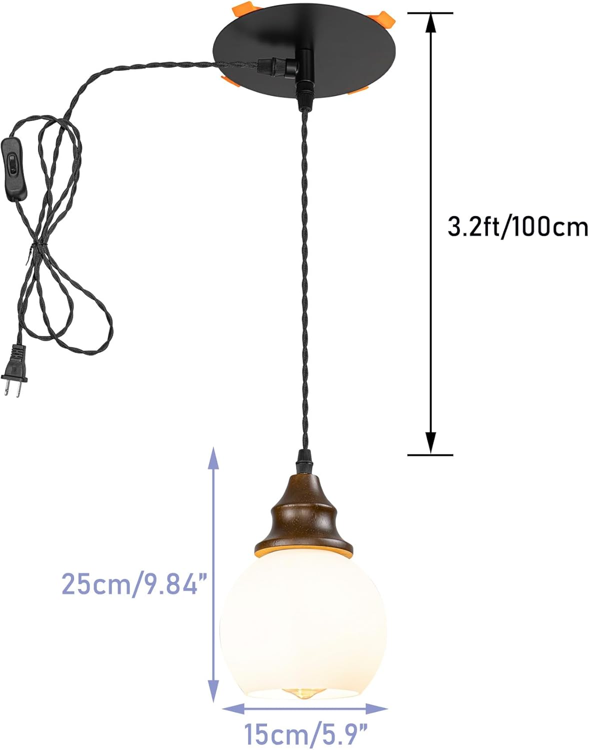 9.8Ft Plug-in Cord Instant Pendant Walnut Base White Glass Ball Shade Vintage Design Hanging Lamp 3"-4" Recessed Light Replacement Downlight for Kitchen(No Bulb)