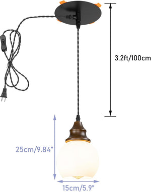 9.8Ft Plug-in Cord Instant Pendant Walnut Base White Glass Ball Shade Vintage Design Hanging Lamp 3"-4" Recessed Light Replacement Downlight for Kitchen(No Bulb)