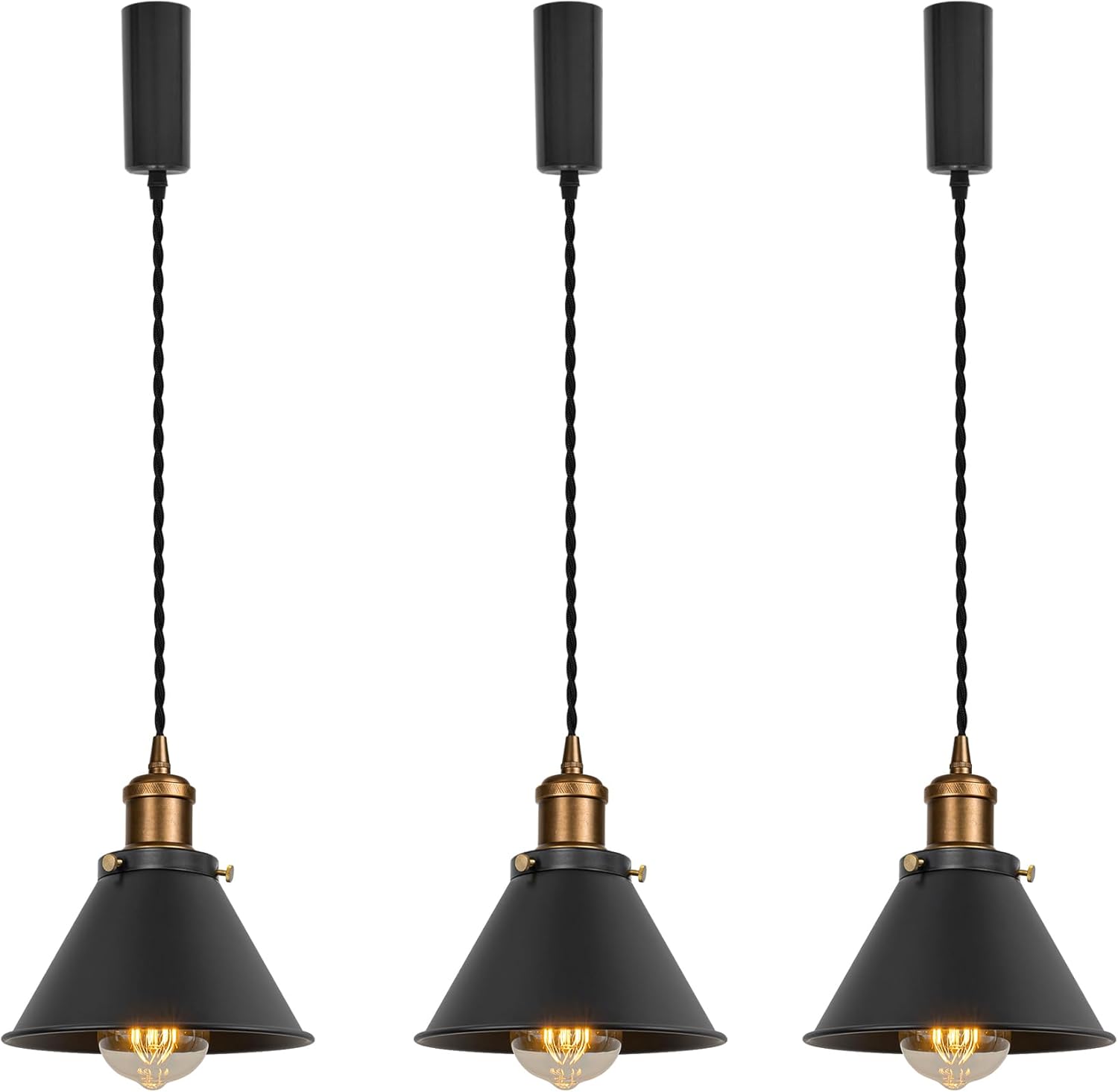 Pack of 3 black metal industrial pendant lights with adjustable wire and E26 base for loft, aisle, or bar.