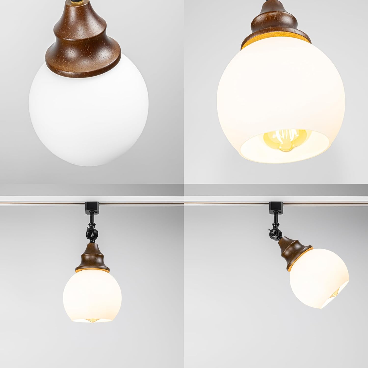 Adjustable Angle H-Type Track Head E26 Walnut Base White Glass Ball Shade Dimmable Track Light Vintage Decor for Kitchen Home Office 1 Pcs(No Track)