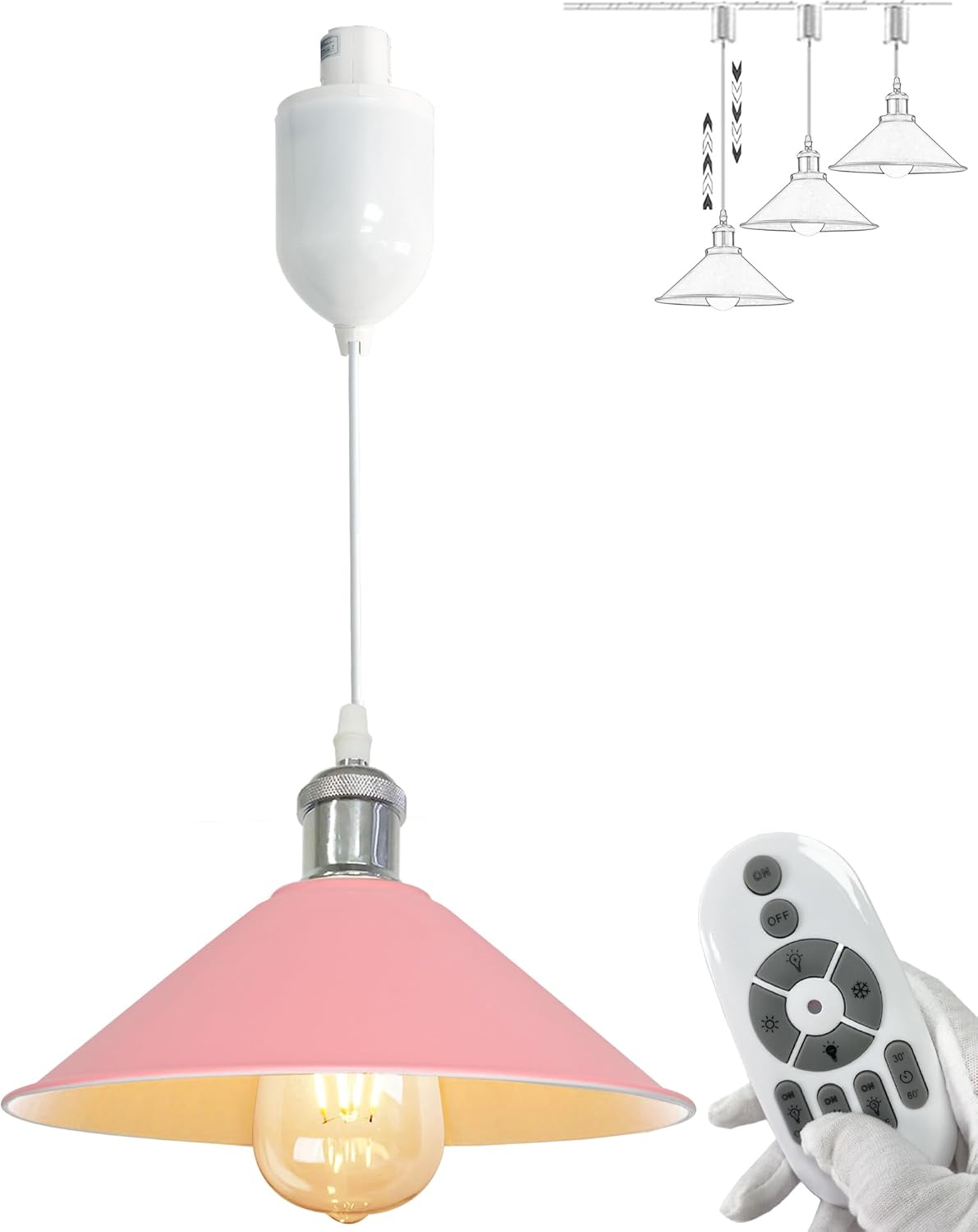 Pink dimmable pendant light with remote, industrial style, adjustable height, Kiven Lighting. Kitchen island lighting.