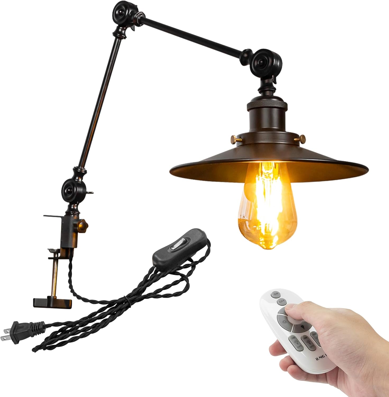 Kiven Dimmable Clip-on Desk Lamp, 1-Light Iron Modern Nightstand Lamps with Flexible Swing Arm, 8.2FT Plug in Cord, Decorative Clamp Lamp for Office Bedside Bookshelf Cabinet E26 Sokcet,Black