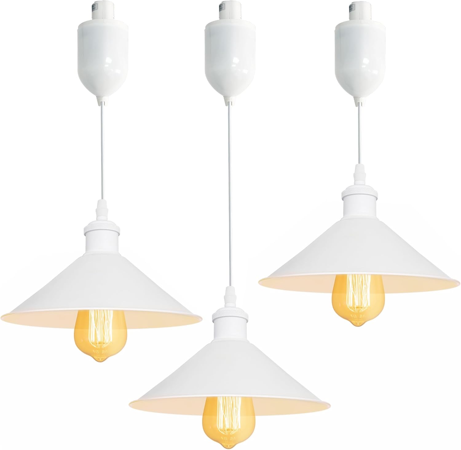 White industrial pendant lights, adjustable height, Edison bulbs, H-type track mount for kitchen island. Kiven Lighting.