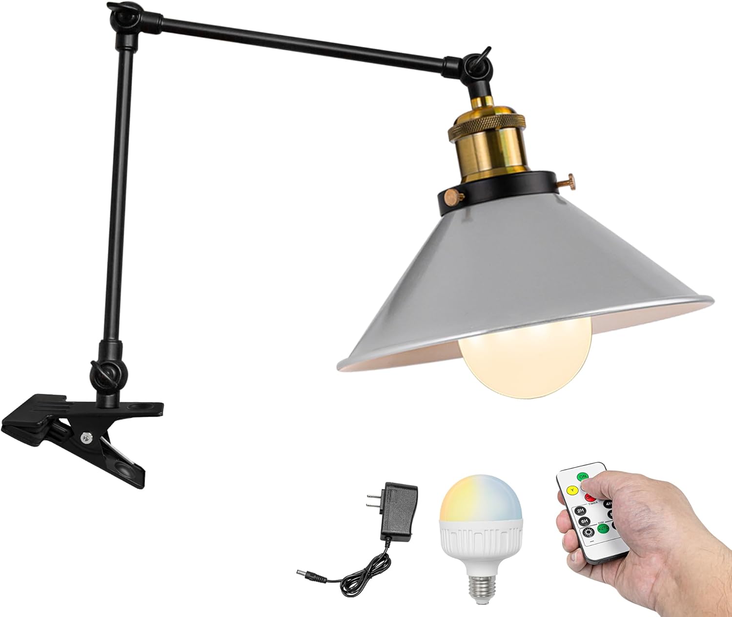 Kiven Battery Operated Clip-on Desk Lamp, 1-Light Dimmable Nightstand Lamp with Flexible Arm,Remote Control, Modern Decorative Clamp Lamp for Home Decor Bookshelf Bedside,Black Finish