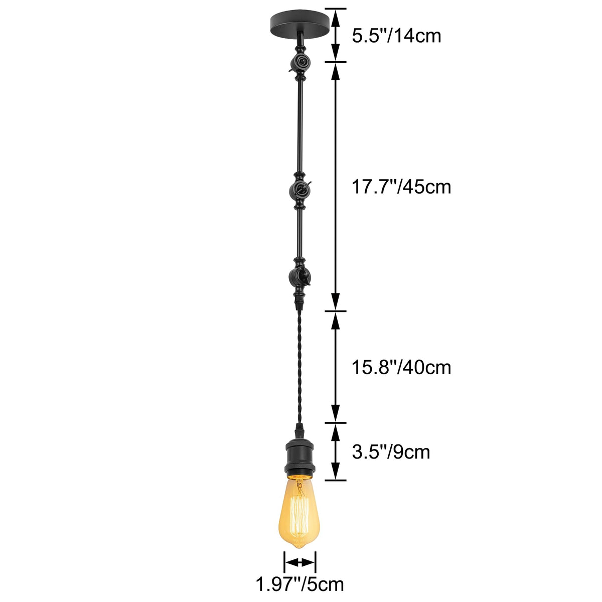 Dimensions Diagram for Matte Black Articulated Pendant Light with E26 Edison Bulb