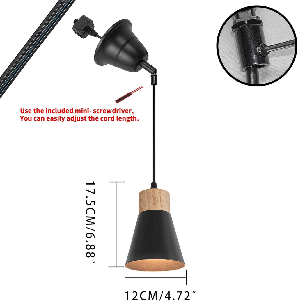 Adjustable cord black metal shade track light with wood base pendant, 17.5cm height, 12cm width, retro pendant lighting.