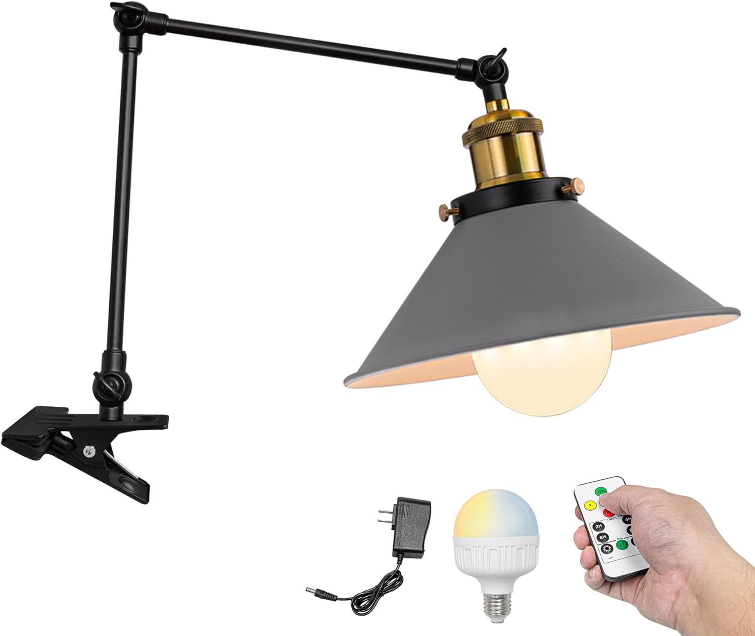 Kiven Battery Operated Clip-on Desk Lamp, 1-Light Dimmable Nightstand Lamp with Flexible Arm,Remote Control, Modern Decorative Clamp Lamp for Home Decor Bookshelf Bedside,Black Finish