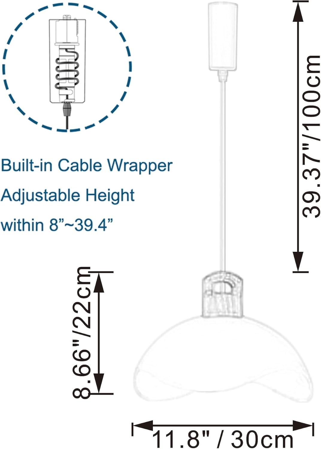 Adjustable height multi-color iron shade pendant light with built-in cable wrapper, ideal for home lighting.