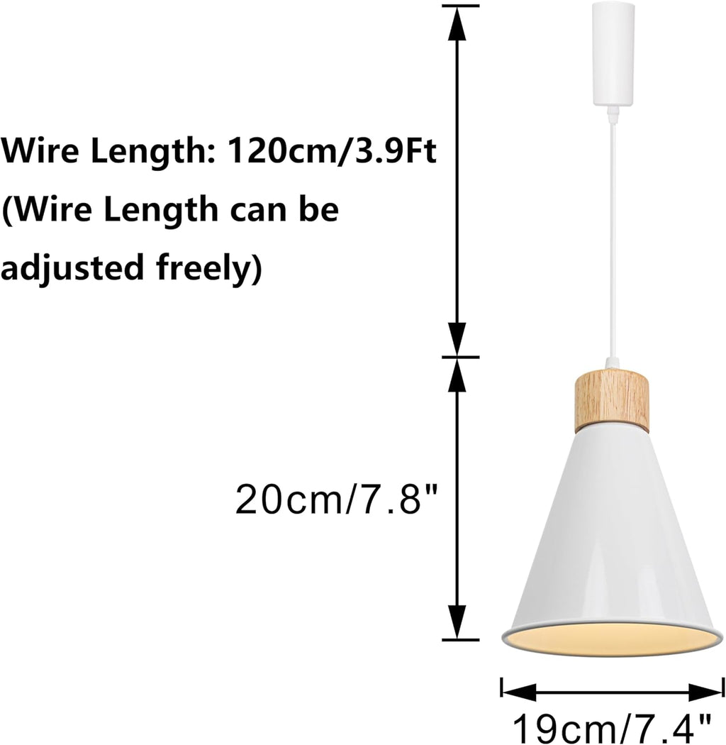 White pendant light, adjustable wire, wood accent, dimensions shown. Vintage design track lighting for home.