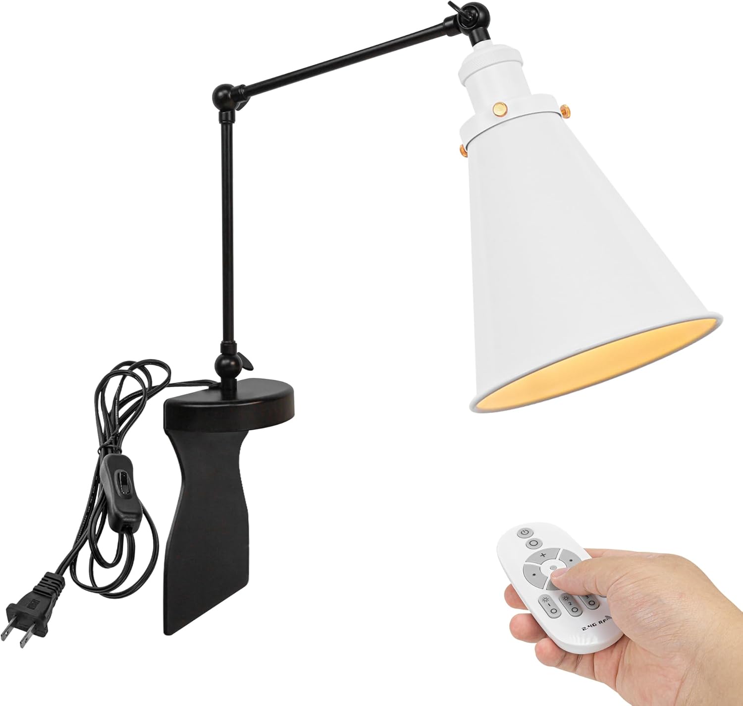 Kiven Headboard Reading Light, Dimmable LED Book Reading Lamp, Industrial Nightstand Lamp with Adjustable Swing Arm, 8.2ft Cord, Remote Control for Reading Bedside Side Table Desk, Black&Gold