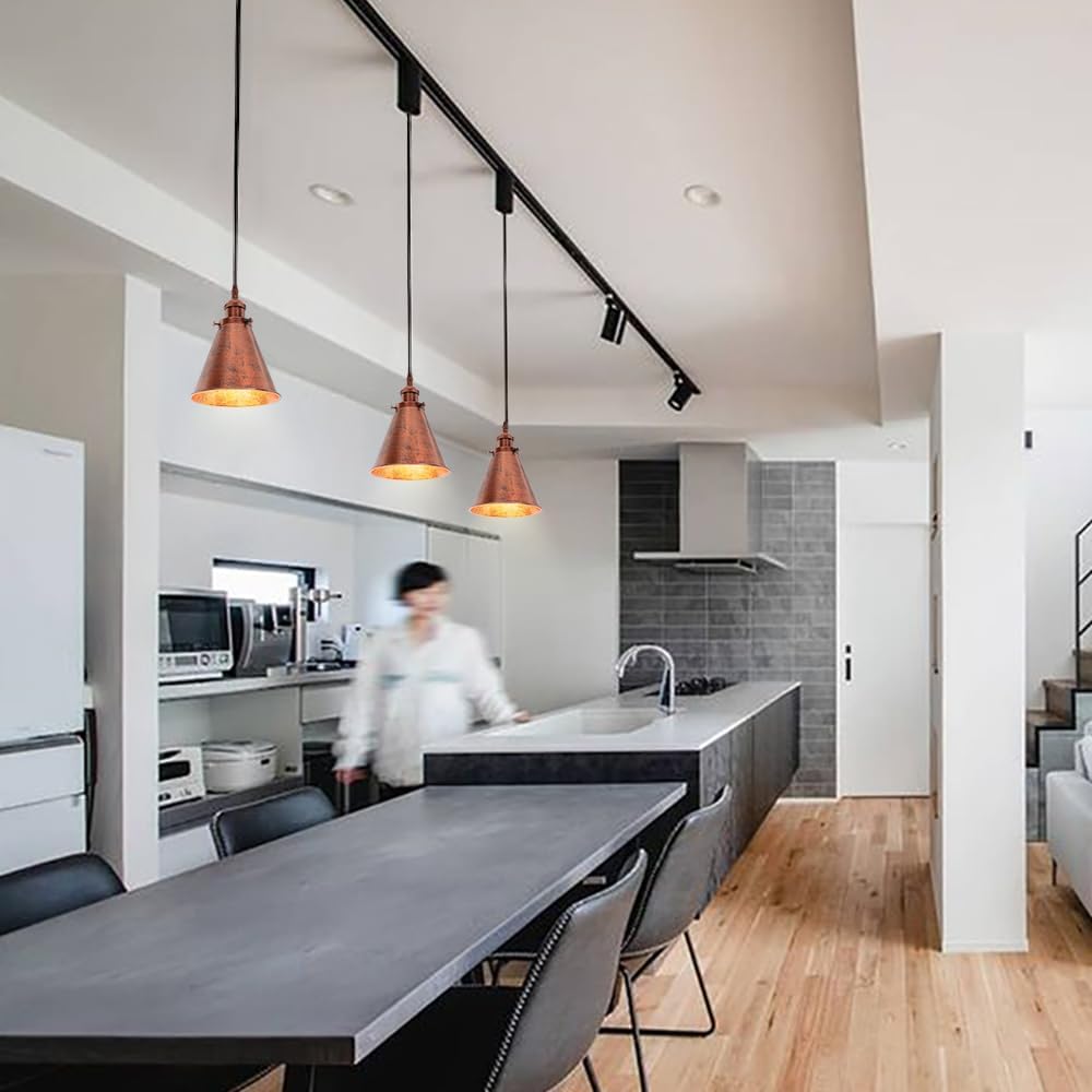 Adjusted Cable Track Lamp, rust metal cone shade pendant lighting in kitchen, vintage style.