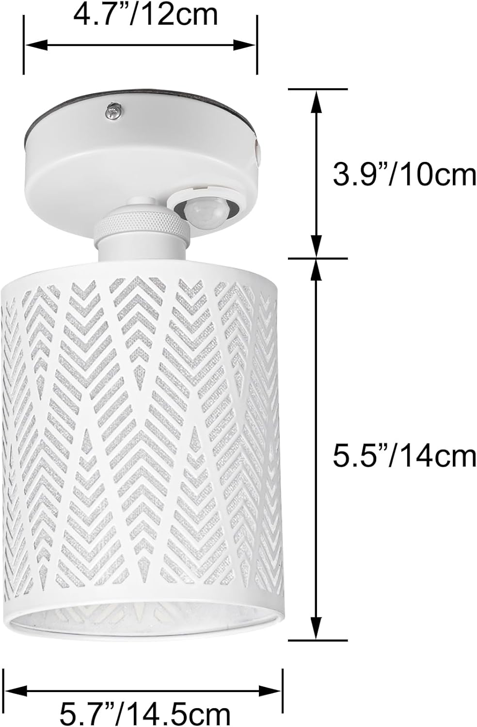 Kiven Motion Sensor Ceiling Light: dimensions, white geometric shade, E26 socket. Sizes: 4.7", 3.9", 5.5", 5.7".