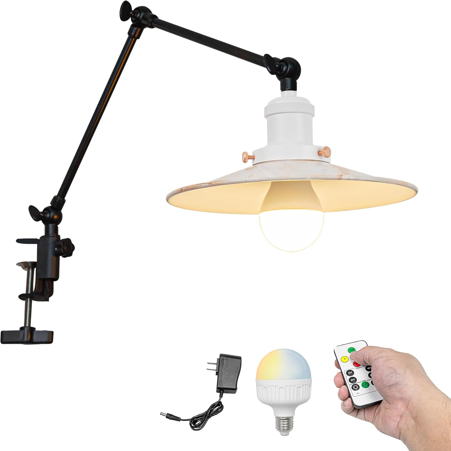 Kiven Battery Operated Clip-on Desk Lamp, 1-Light Dimmable Nightstand Lamp with Flexible Arm,Remote Control, Farmhouse Decorative Clamp Lamp for Home Decor Bookshelf Bedside,Yellow Finish