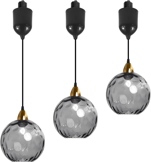 Gray hammered glass Juno track pendant lights with adjustable height, ideal for kitchen or bar lighting, vintage style
