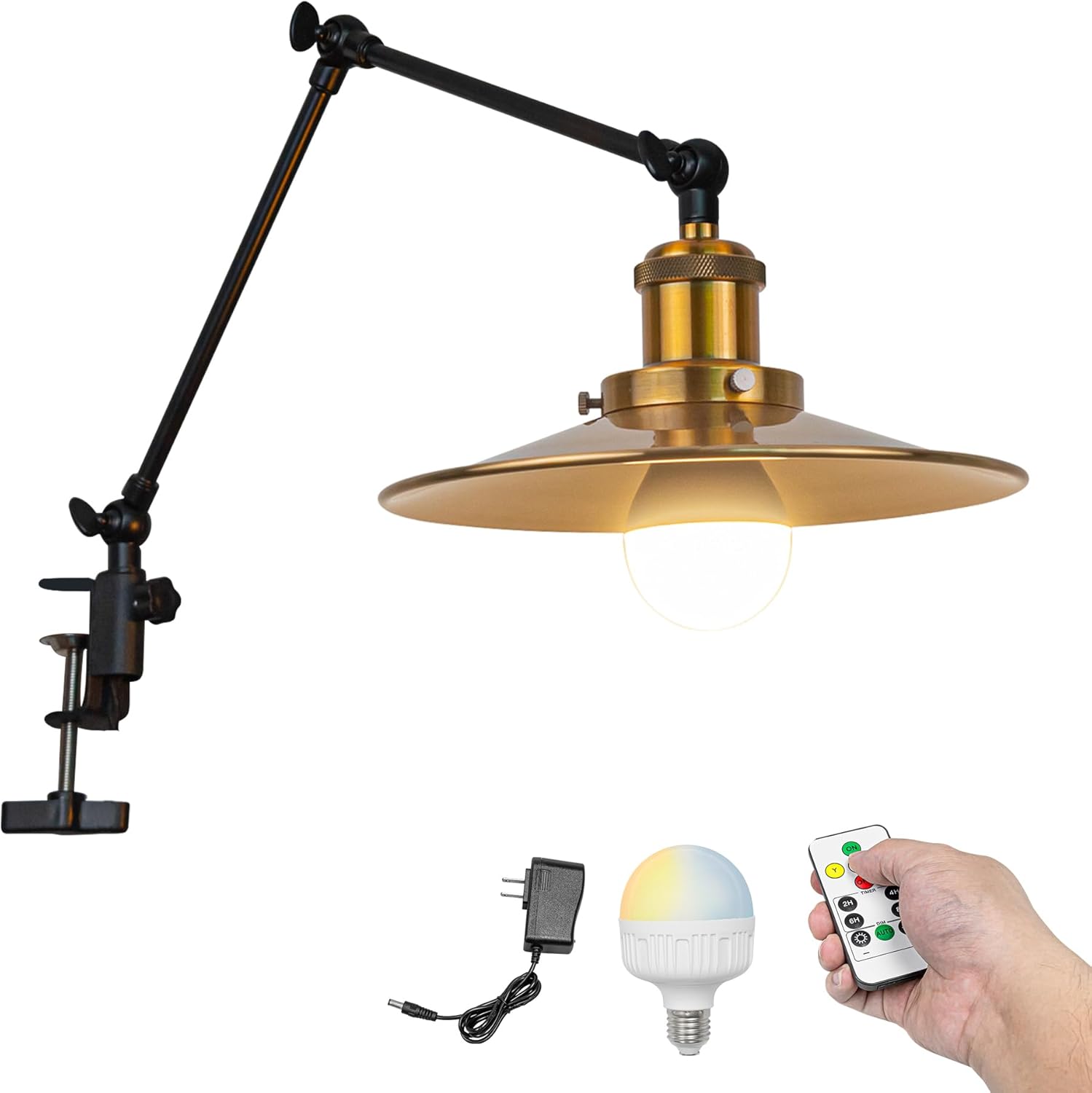 Kiven Battery Operated Clip-on Desk Lamp, 1-Light Dimmable Nightstand Lamp with Flexible Arm,Remote Control, Farmhouse Decorative Clamp Lamp for Home Decor Bookshelf Bedside,Yellow Finish