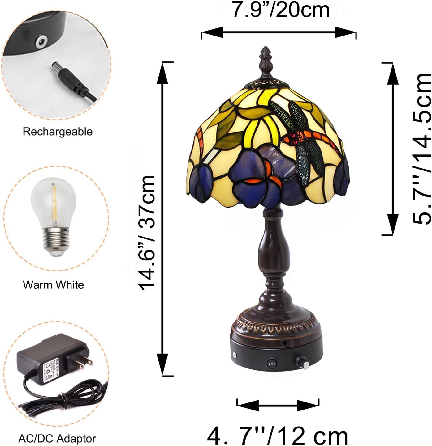 Kiven Cordless Table Lamp, Dimmable Bedside Lamps for Nightstand with Glass Lampshade, Tiffany-Style Rechargeable Desk Lamp for Reading Home Decor Bedside,1-Light(TD0530)