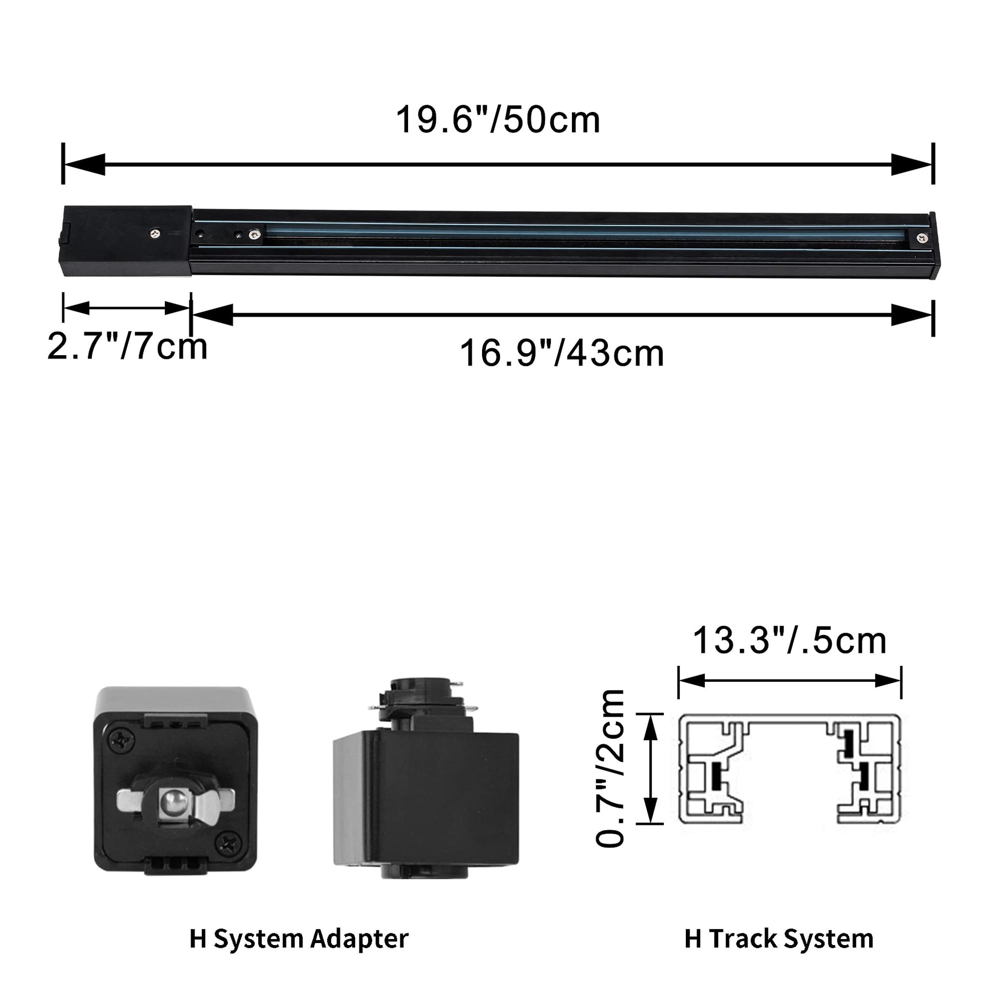 Black H-track lighting system components diagram with dimensions; perfect for customizable ceiling/wall track lighting.