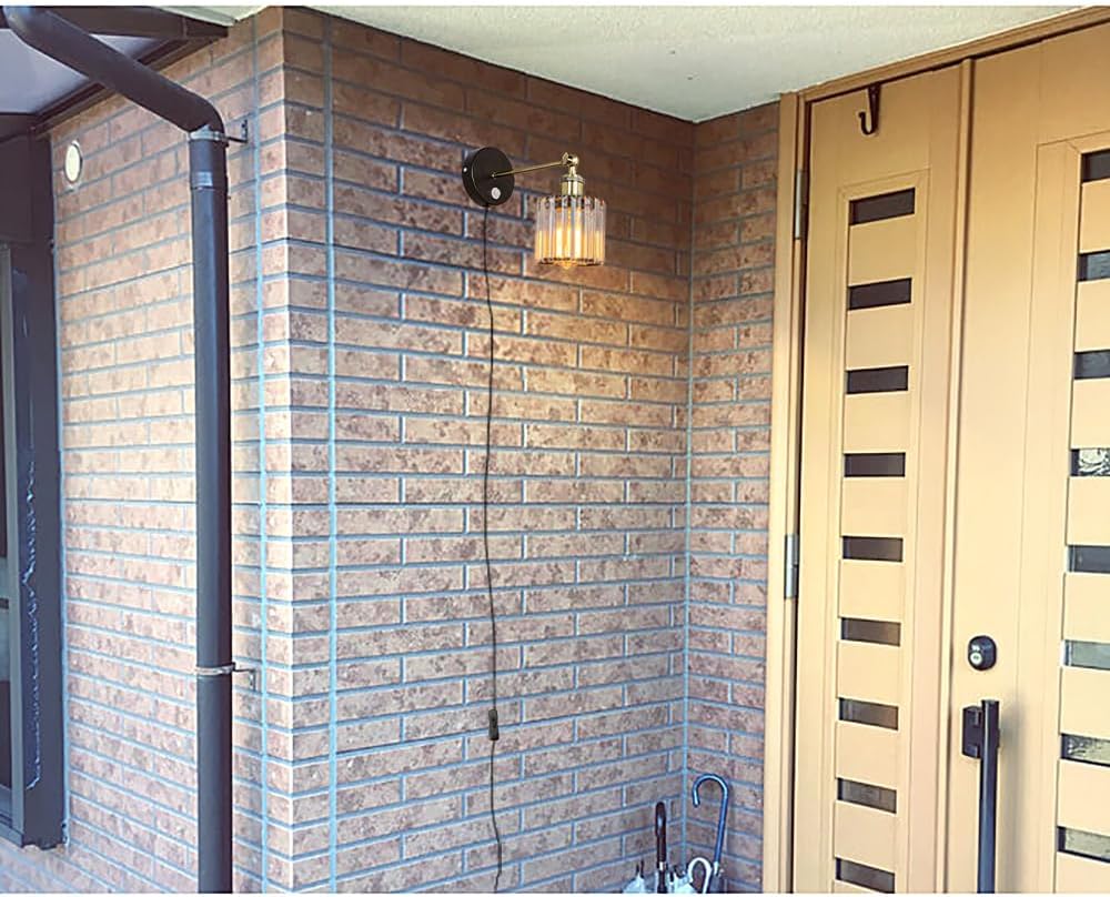 Kiven Motion Sensor Wall Sconce UL Plug-in Cord Bronze E26 Base Minimalist Style Black Iron Crystal Shade Wall Light Fixture for Loft Entrance Hallway Toilet Stairs