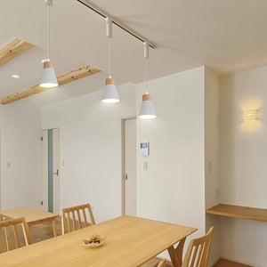 Adjusted Cable Track Lamp Wood Base Metal White Shade Modern Kitchen Pendant Lighting