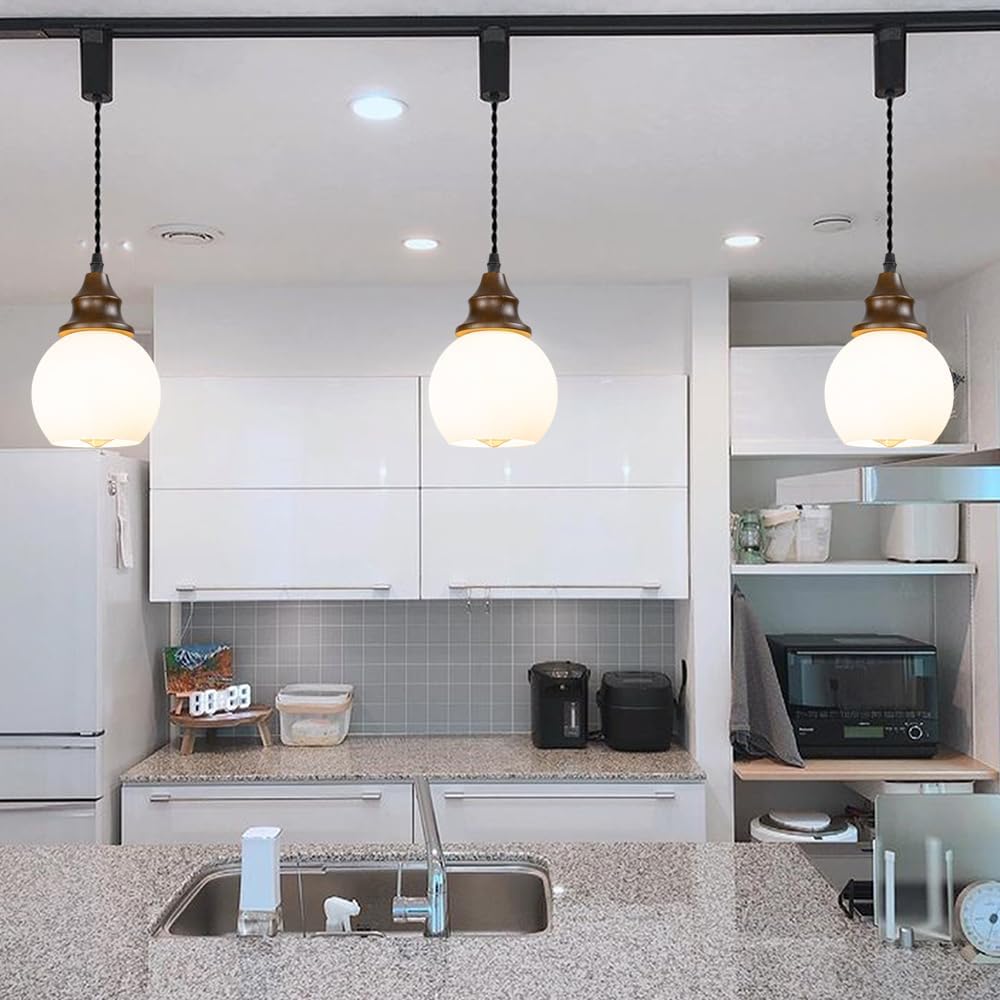 3.2ft Adjustable Cord H-Type Track Pendant Light E26 Walnut Base White Glass Ball Shade Dimmable Hanging Light Vintage Decor for Kitchen Home Office 1 Pcs(No Track)