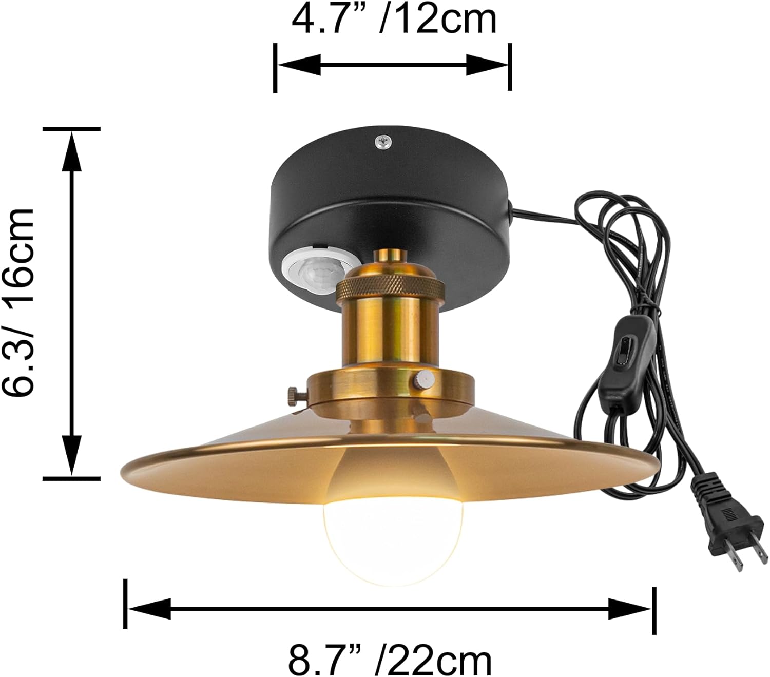 Kiven Motion Sensor Ceiling Light, Brass Finish, Plug-in, with Dimensions, Modern Design for Hallways and Bathrooms