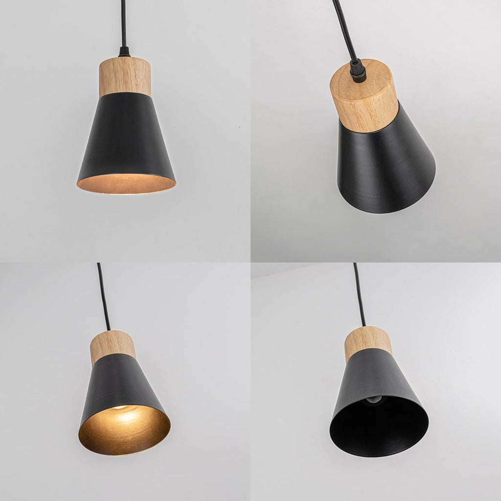 Black metal shade pendant light with wood base, adjustable cord, for slope roofs. Retro style lighting fixture.