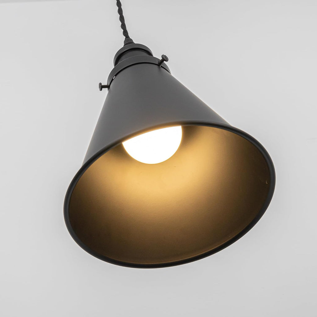 Black cone shade track lamp, warm light pendant. Vintage lighting for home & commercial spaces. Adjustable cord.