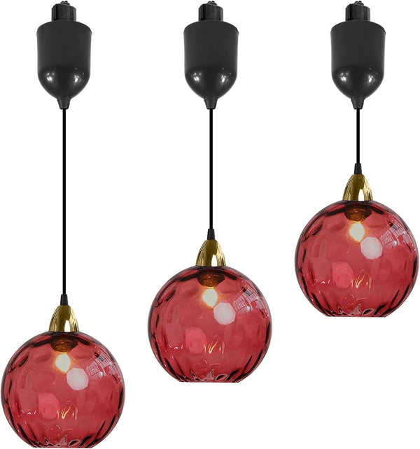 Red hammered glass Juno track pendant lights, adjustable height, perfect for kitchen or bar lighting. Vintage style.
