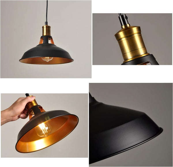 Black and gold track pendant light, adjustable height, E26 bulb, suitable for kitchens, bars, and dining areas.