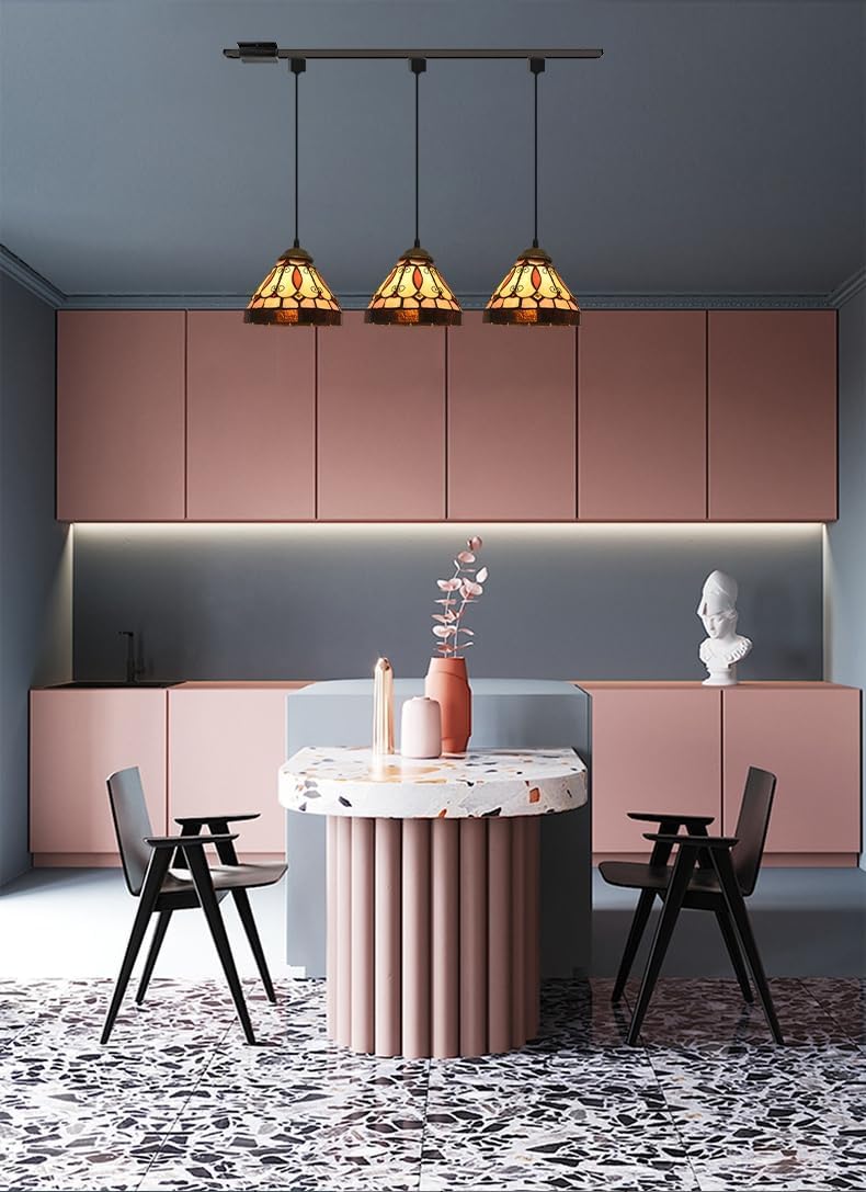 Kiven Baroque track pendant lights, stained-glass shades, for kitchen or gallery; industrial style lighting fixture.