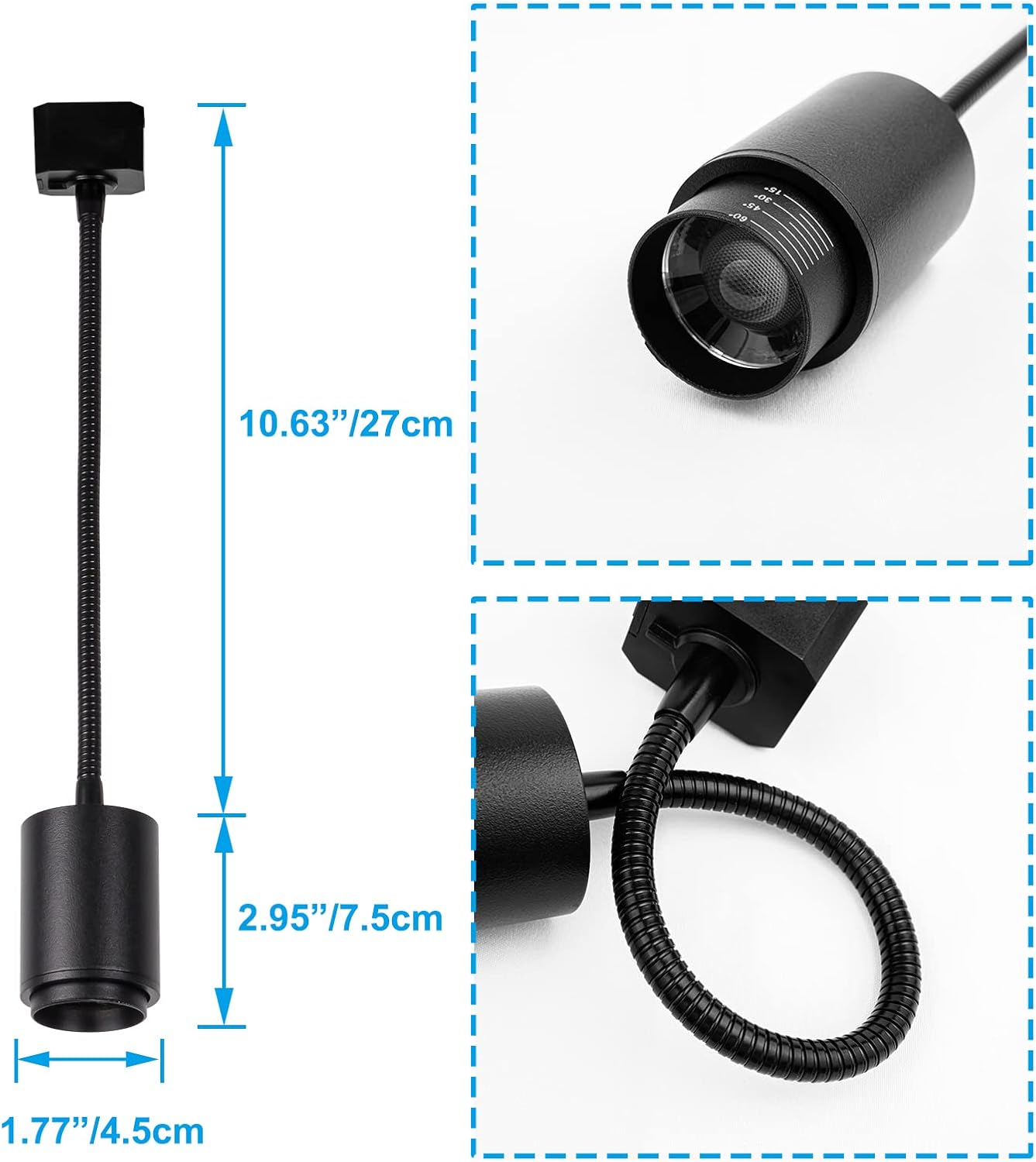 Black industrial track pendant light with adjustable gooseneck and dimensions. 10.63"/27cm, 2.95"/7.5cm, and 1.77"/4.5cm.
