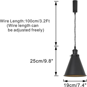Black cone shade track lamp schematic with adjustable wire length and dimensions: 19cm/7.4", 25cm/9.8", and 100cm/3.2Ft.