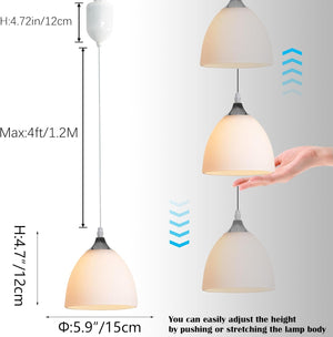 Adjustable-height white halo pendant light with bell glass, up to 4ft/1.2M. Shows adjustment with lamp body.