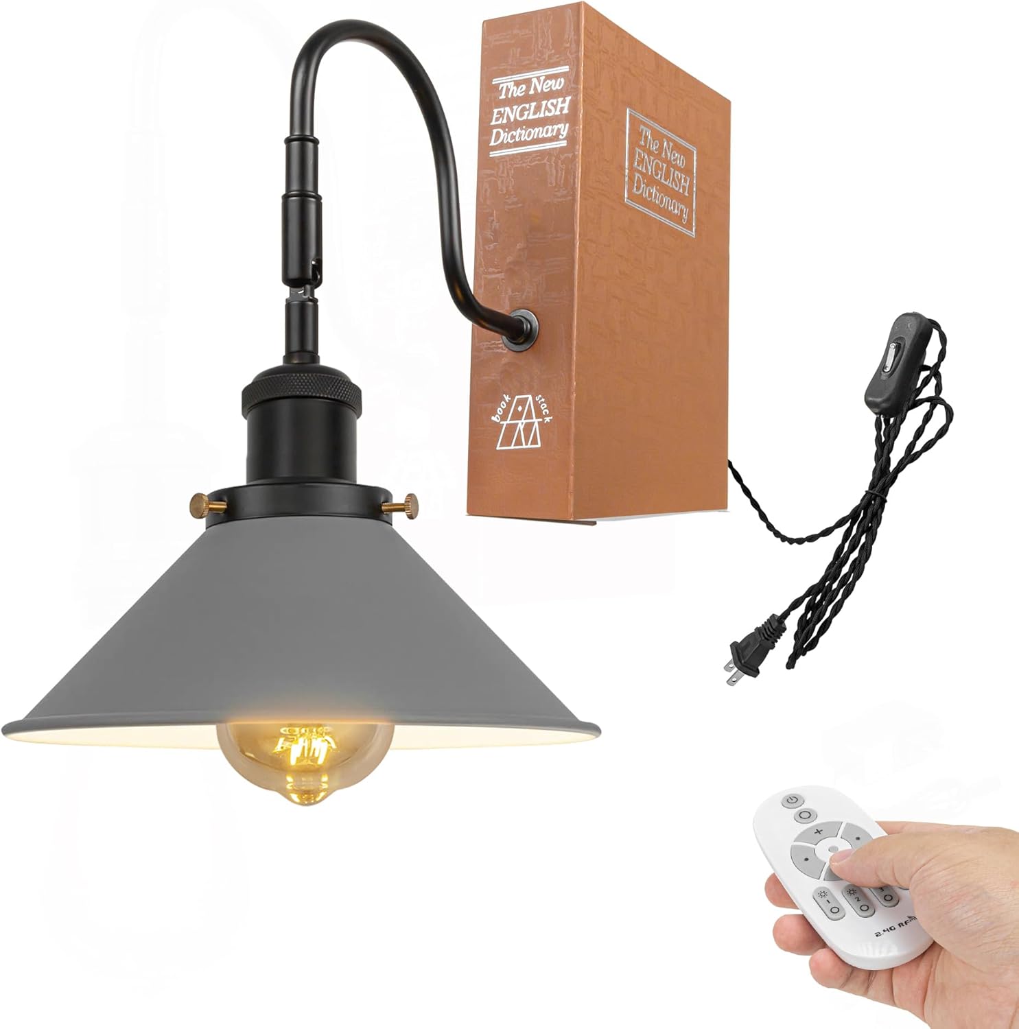 Kiven 1-Light Vintage Bookshelf Table Lamp with Remote Control, Farmhouse Decorative Bookend, Plug in Book Lamp for Office Home Decor Bedside Bookcase, Black