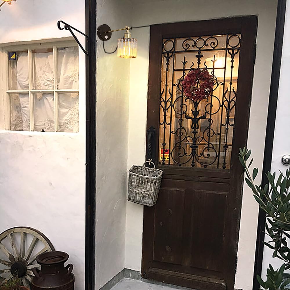 Kiven Motion Sensor Wall Sconce UL Plug-in Cord Bronze E26 Base Minimalist Style Black Iron Crystal Shade Wall Light Fixture for Loft Entrance Hallway Toilet Stairs