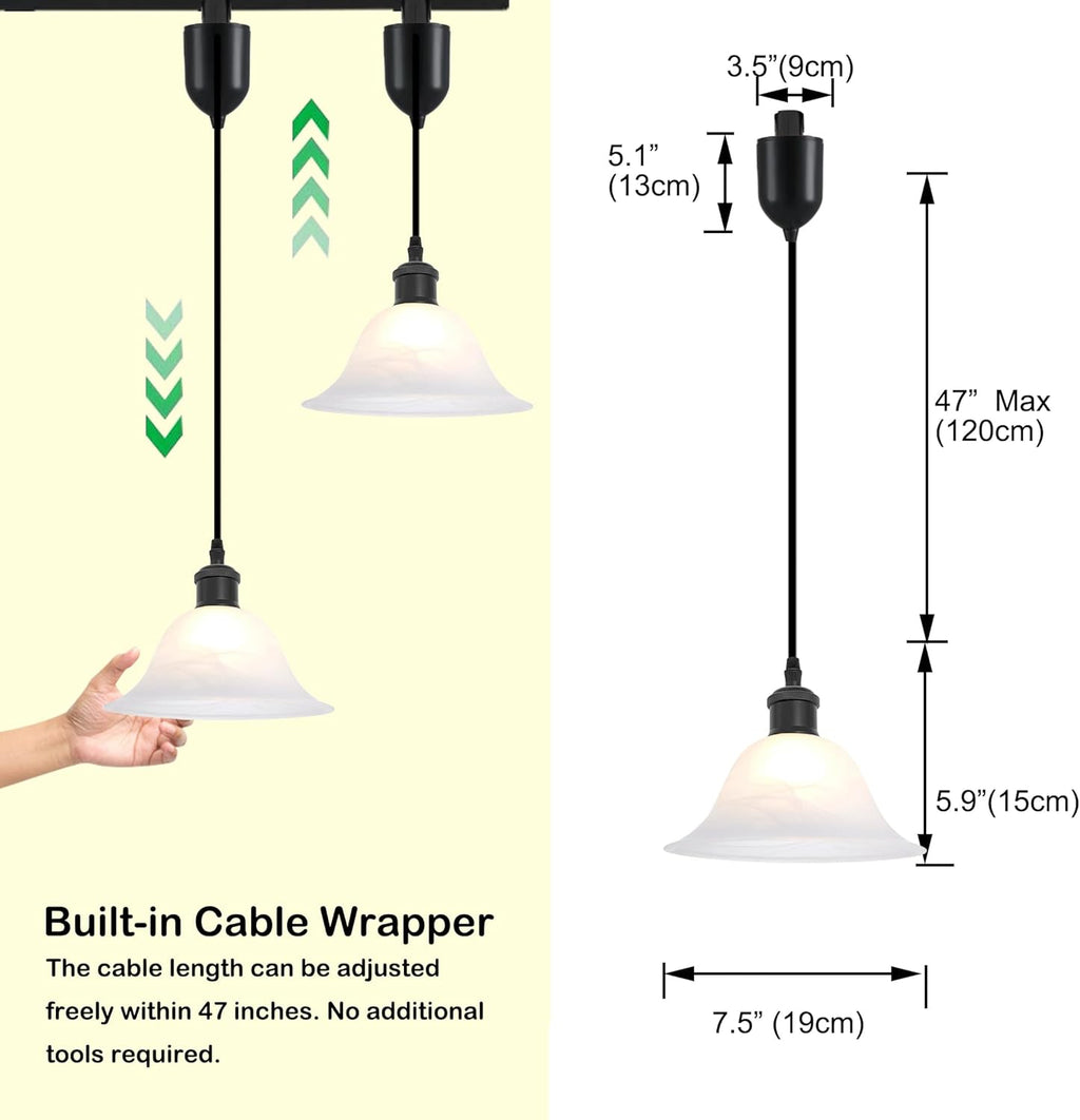 Kiven H-Type Track Lighting Pendants Adjustable Height,Modern h Track Pendant Lights with Alabaster Glass Shade,Track Lighting Fixture for Kitchen Island Hallway, 3 Lights(Black)