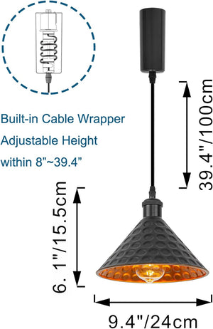 Kiven H-Type track pendant light, black finish with gold interior, adjustable height, built-in cable wrapper, 9.4" diameter.