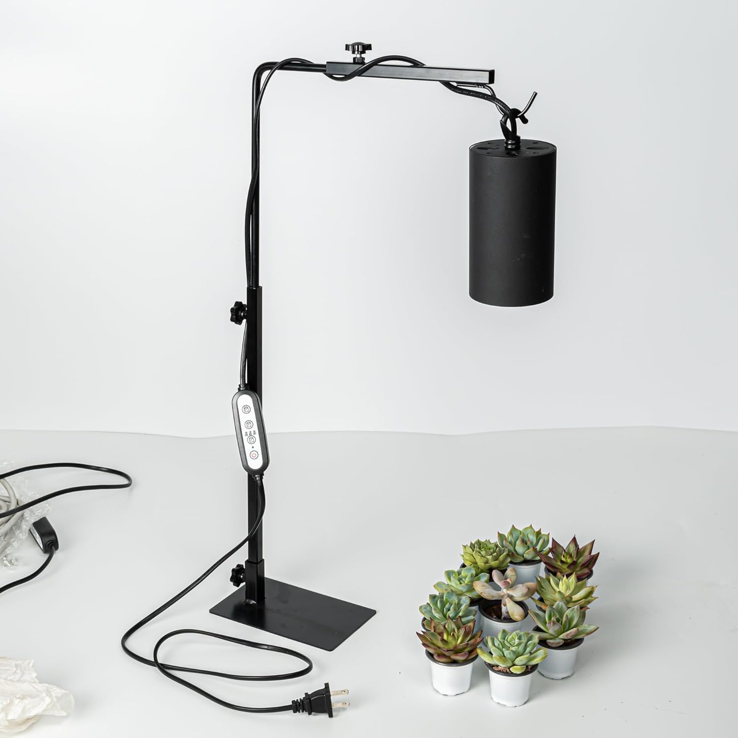 Black free standing plant grow light illuminating succulents, adjustable height for optimal plant growth.