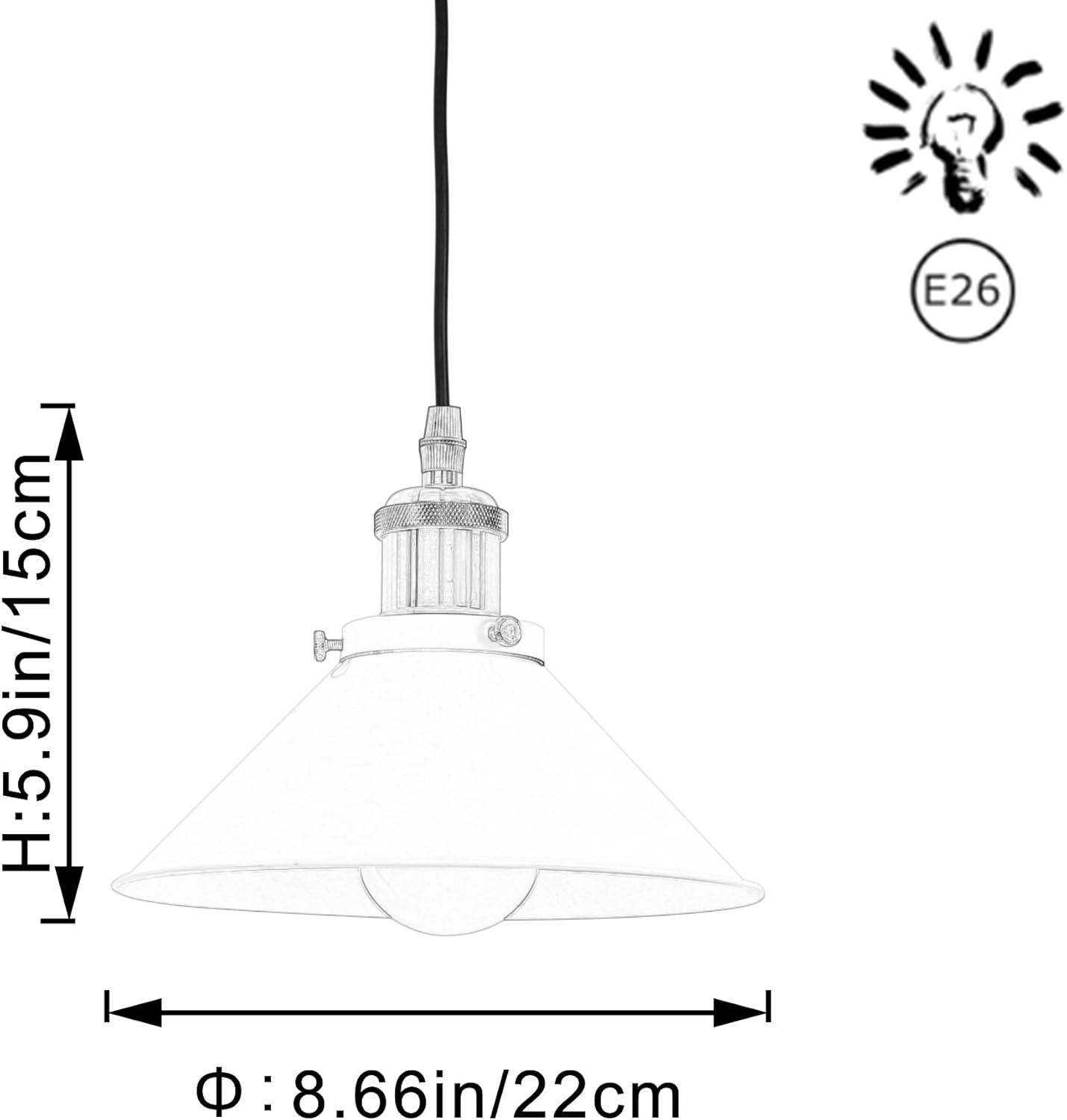 Industrial white cone pendant light, E26 bulb, ideal for kitchen or dining room. Vintage style and plug-in design.